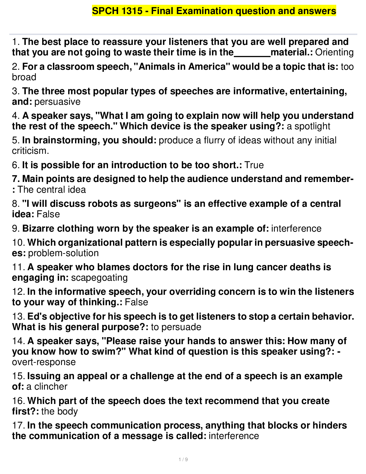 Preview image for SPCH 1315 - Final Examination question and answers